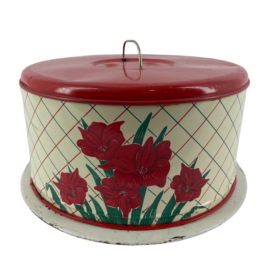 Vintage Mid Century 1950s Floral Metal Cake Carrier Amaryllis Farmhouse Decor